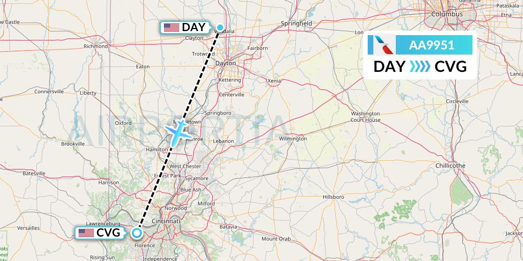 AA9951 American Airlines Flight Map: Dayton to Cincinnati