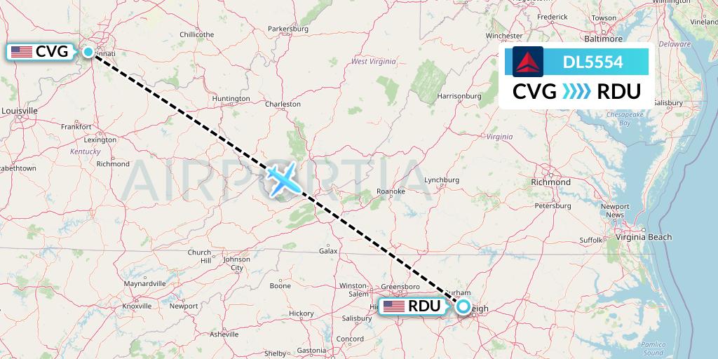 DL5554 Delta Air Lines Flight Map: Cincinnati to Raleigh-Durham