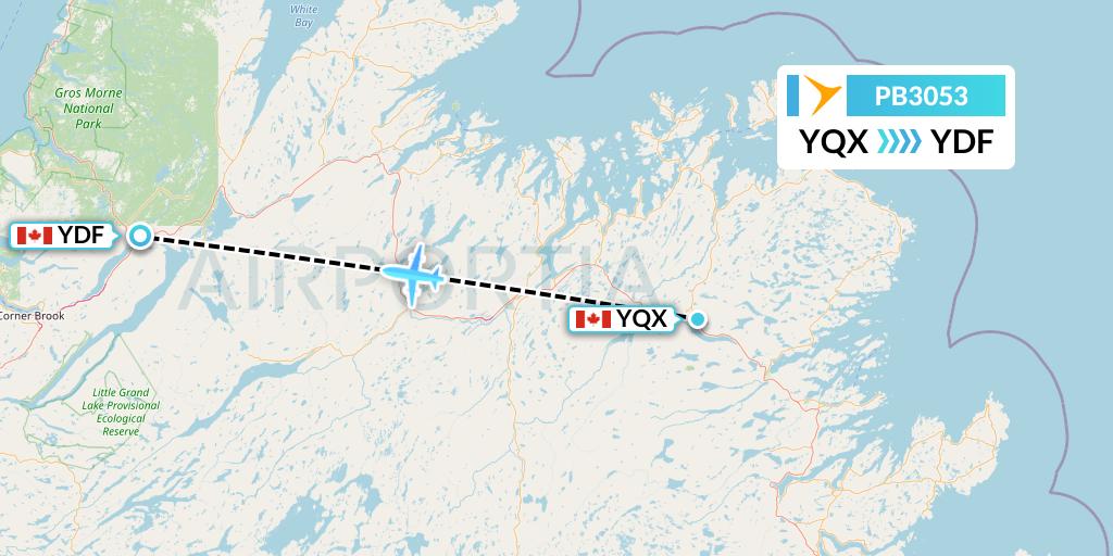 PB3053 PAL Airlines Flight Map: Gander to Deer Lake