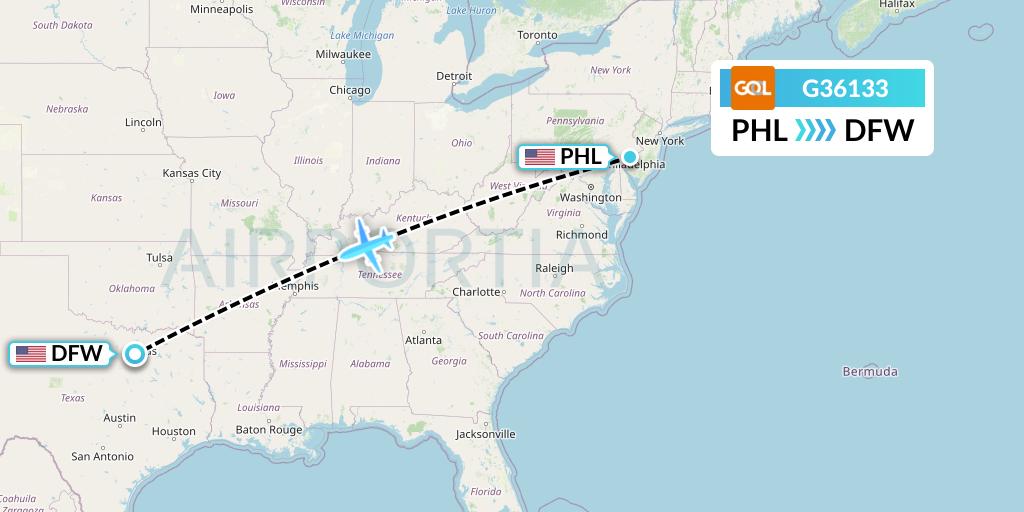 G36133 GOL Transportes Aeros Flight Map: Philadelphia to Dallas