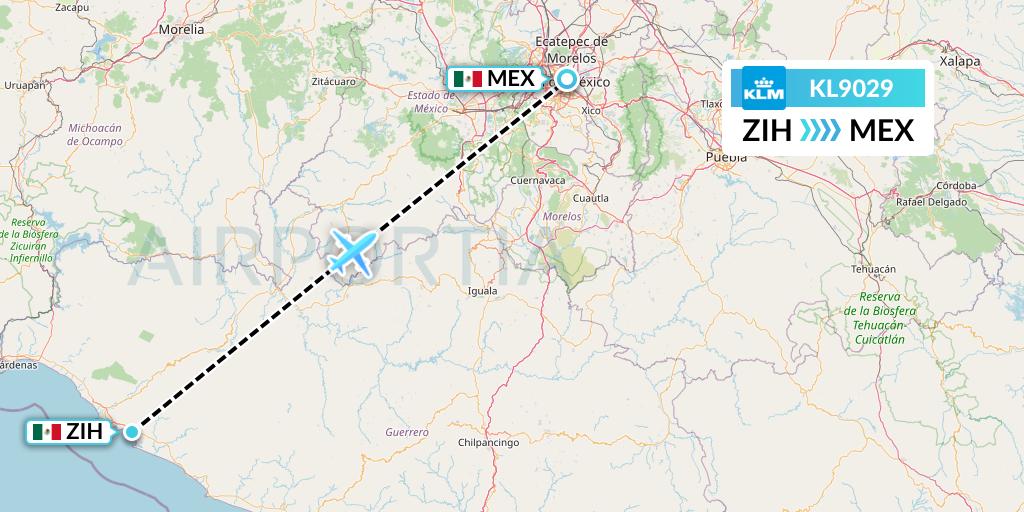 KL9029 KLM Flight Map: Zihuatanejo to Mexico City