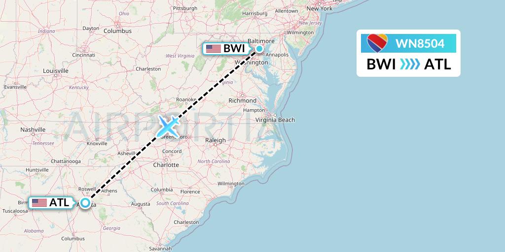 WN8504 Southwest Airlines Flight Map: Baltimore to Atlanta