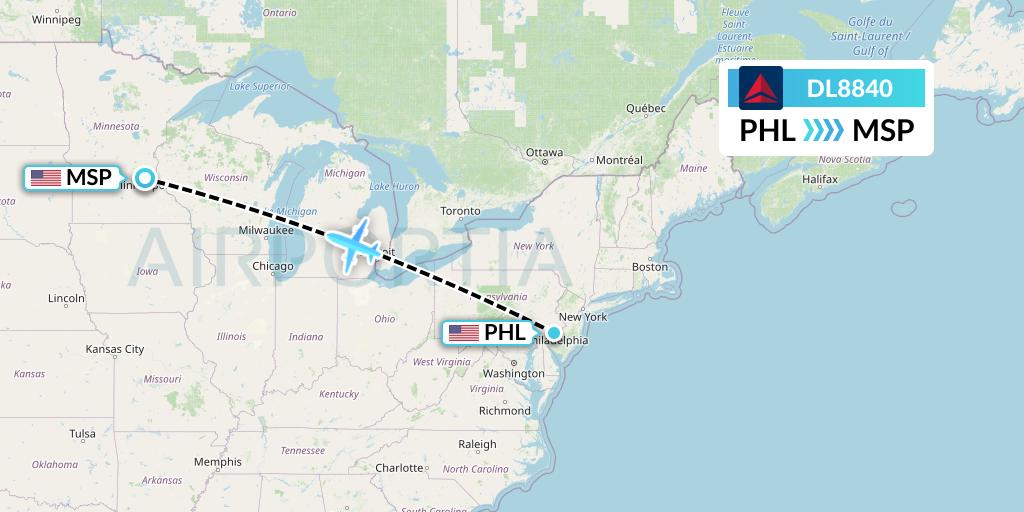 DL8840 Delta Air Lines Flight Map: Philadelphia to Minneapolis