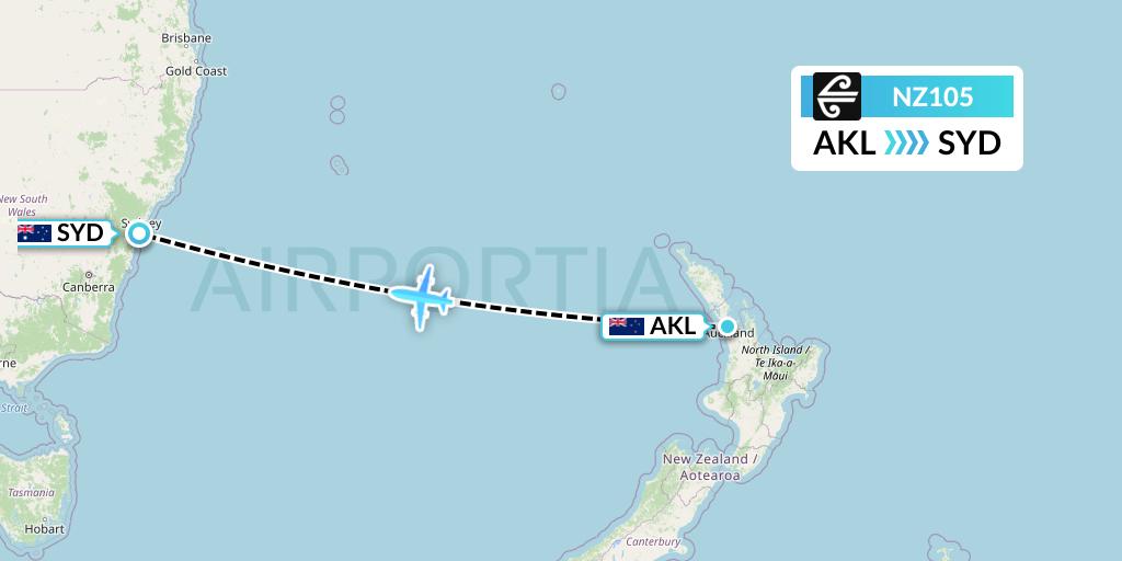 NZ105 Air New Zealand Flight Map: Auckland to Sydney