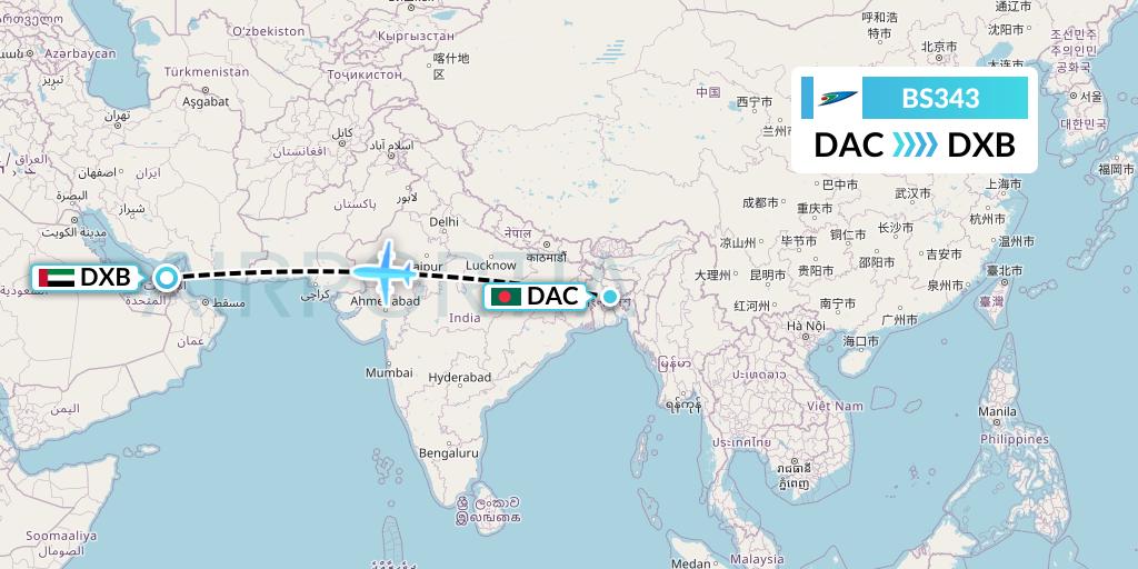 BS343 US-Bangla Airlines Flight Map: Dhaka to Dubai