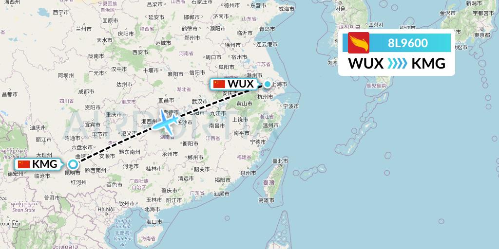 8L9600 Lucky Air Flight Map: Wuxi to Kunming