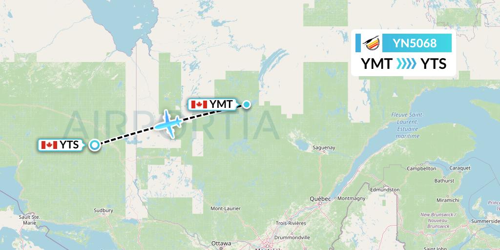 YN5068 Air Creebec Flight Map: Chibougamau to Timmins