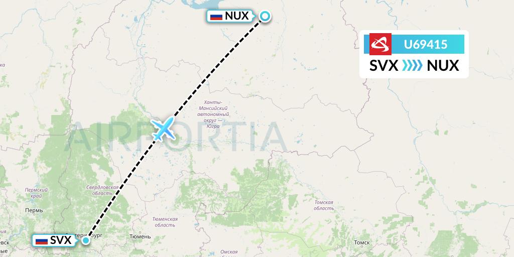 U69415 Ural Airlines Flight Map: Yekaterinburg to Novy Urengoy