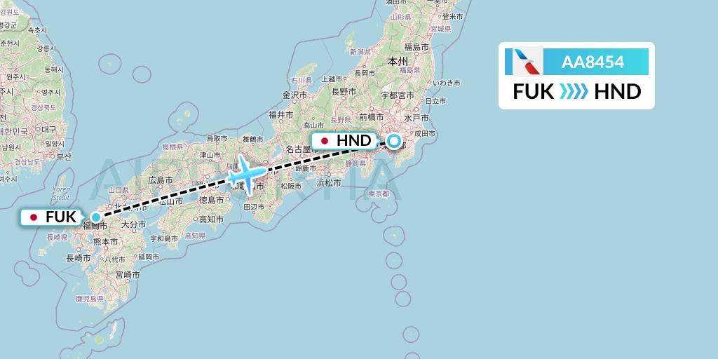 AA8454 American Airlines Flight Map: Fukuoka to Tokyo