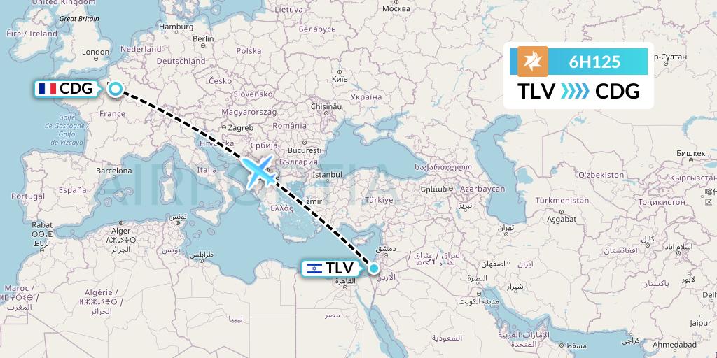 6H125 Israir Airlines Flight Map: Tel Aviv to Paris