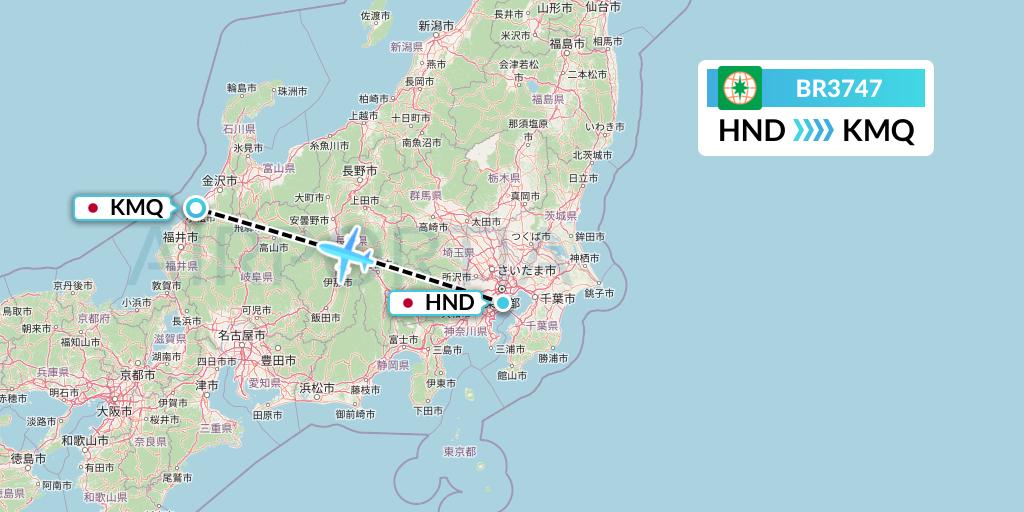 BR3747 EVA Air Flight Map: Tokyo to Komatsu