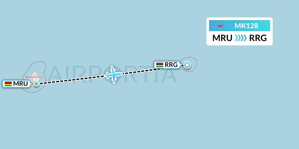 MK128 Air Mauritius Flight Map: Port Louis to Port Mathurin