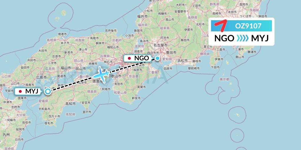 OZ9107 Asiana Airlines Flight Map: Nagoya to Matsuyama