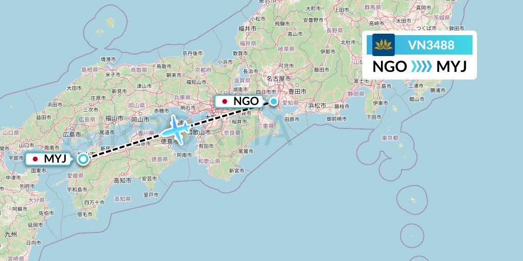 VN3488 Vietnam Airlines Flight Map: Nagoya to Matsuyama