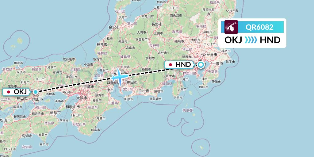 QR6082 Qatar Airways Flight Map: Okayama to Tokyo