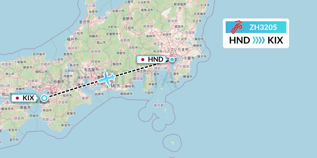 ZH3205 Shenzhen Airlines Flight Map: Tokyo to Osaka