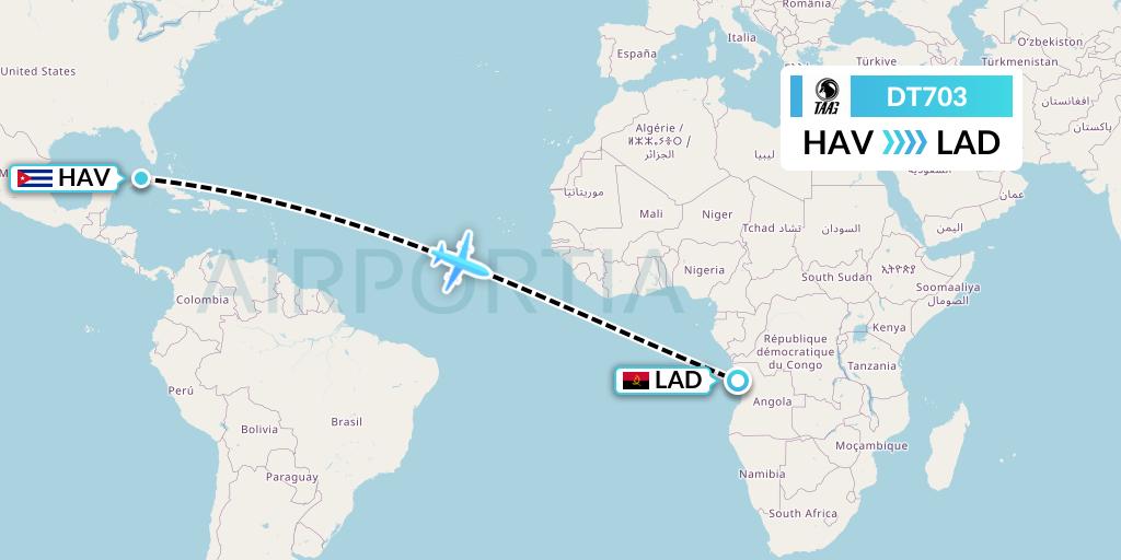 DT703 TAAG Angola Airlines Flight Map: Havana to Luanda