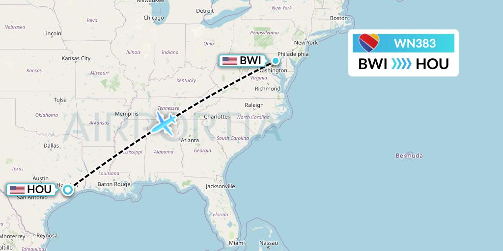 WN383 Southwest Airlines Flight Map: Baltimore to Houston