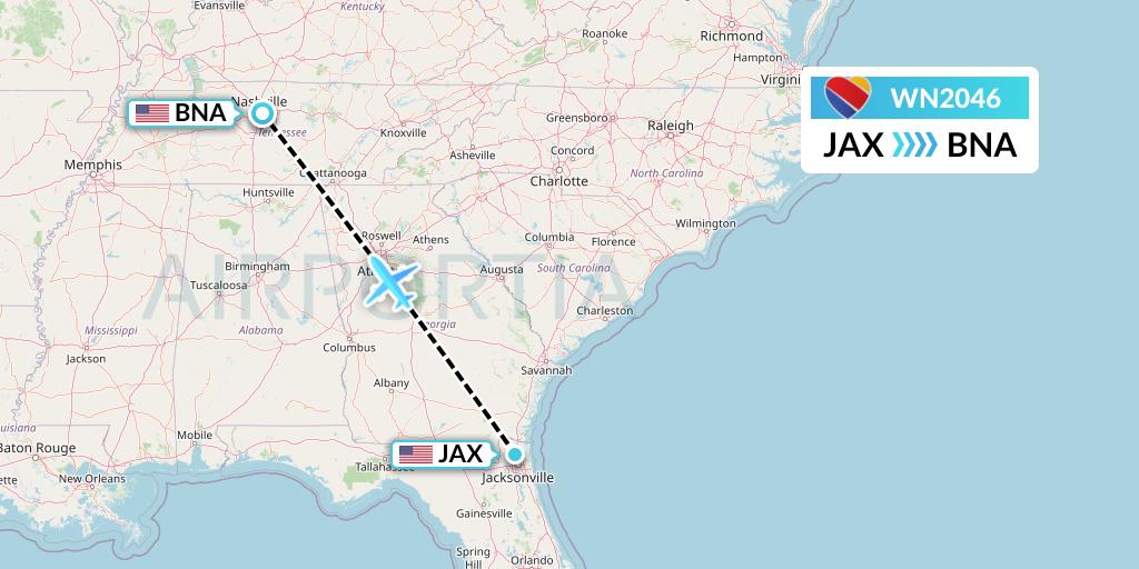 WN2046 Southwest Airlines Flight Map: Jacksonville to Nashville
