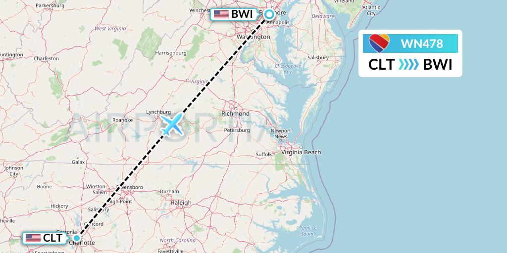 WN478 Southwest Airlines Flight Map: Charlotte to Baltimore