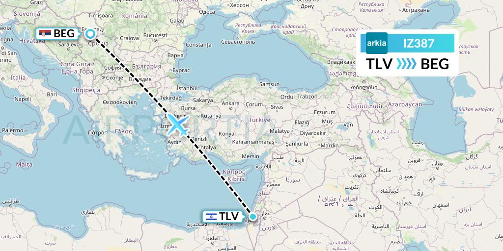 IZ387 Arkia Israeli Airlines Flight Map: Tel Aviv to Belgrade