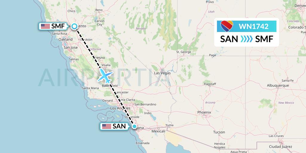 WN1742 Southwest Airlines Flight Map: San Diego to Sacramento