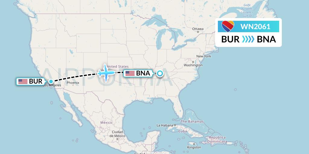 WN2061 Southwest Airlines Flight Map: Burbank to Nashville