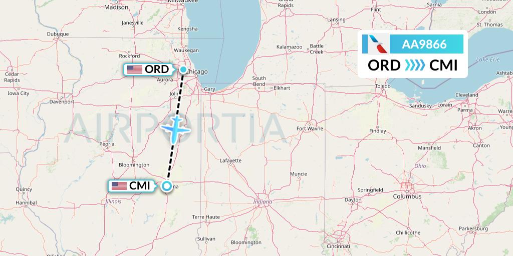 AA9866 American Airlines Flight Map: Chicago to Champaign