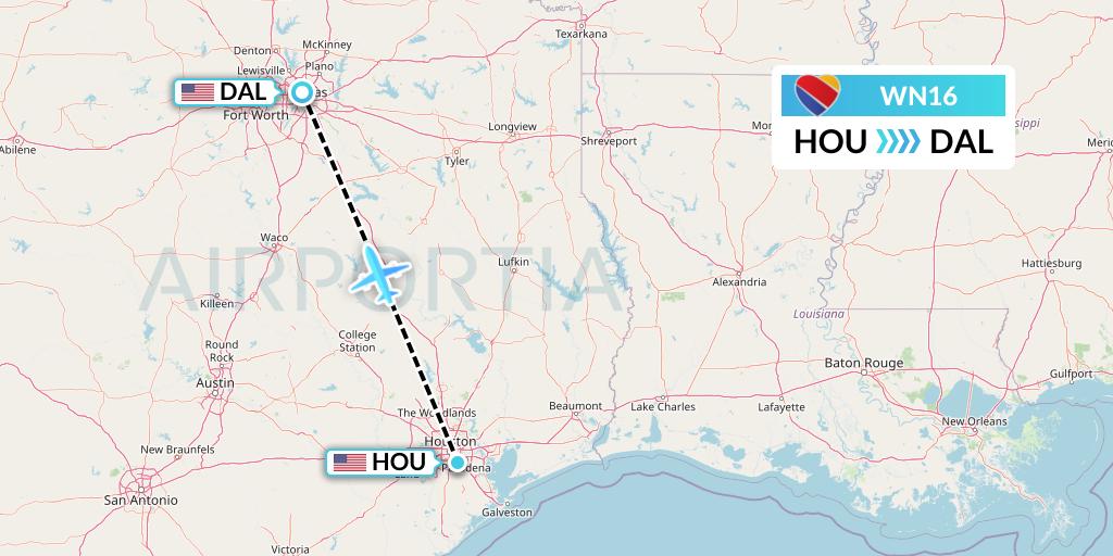 WN16 Southwest Airlines Flight Map: Houston to Dallas