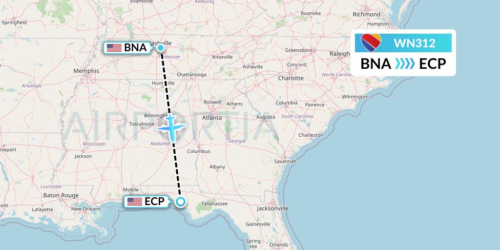 WN312 Southwest Airlines Flight Map: Nashville to Panama City