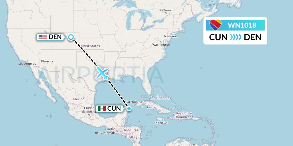 WN1018 Southwest Airlines Flight Map: Cancun to Denver