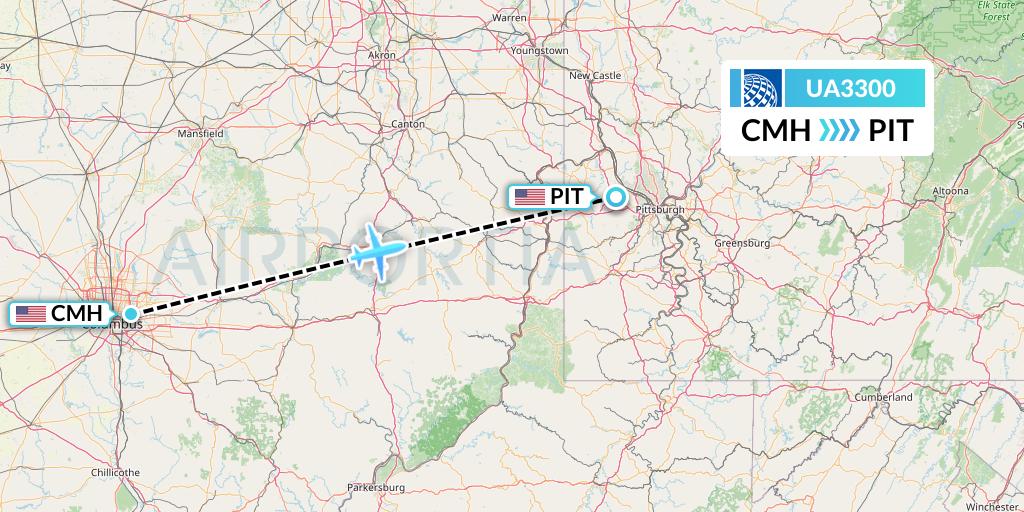 UA3300 United Airlines Flight Map: Columbus to Pittsburgh