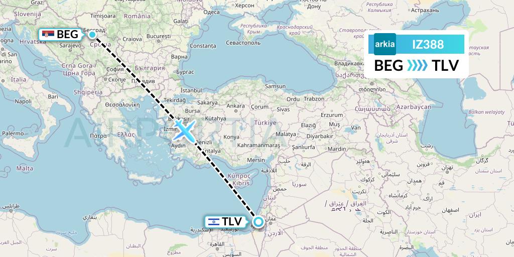 IZ388 Arkia Israeli Airlines Flight Map: Belgrade to Tel Aviv