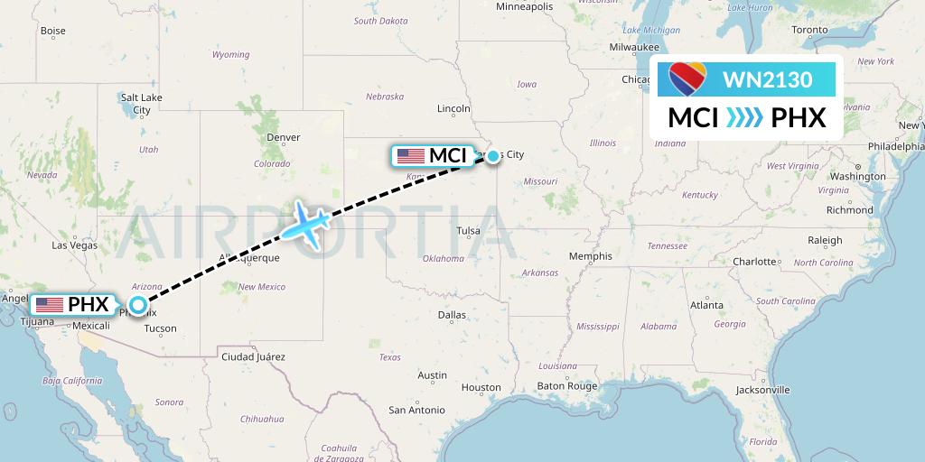 WN2130 Southwest Airlines Flight Map: Kansas City to Phoenix