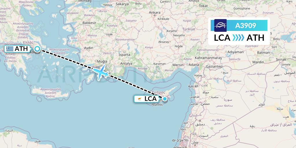 A3909 Aegean Airlines Flight Map: Larnaca to Athens