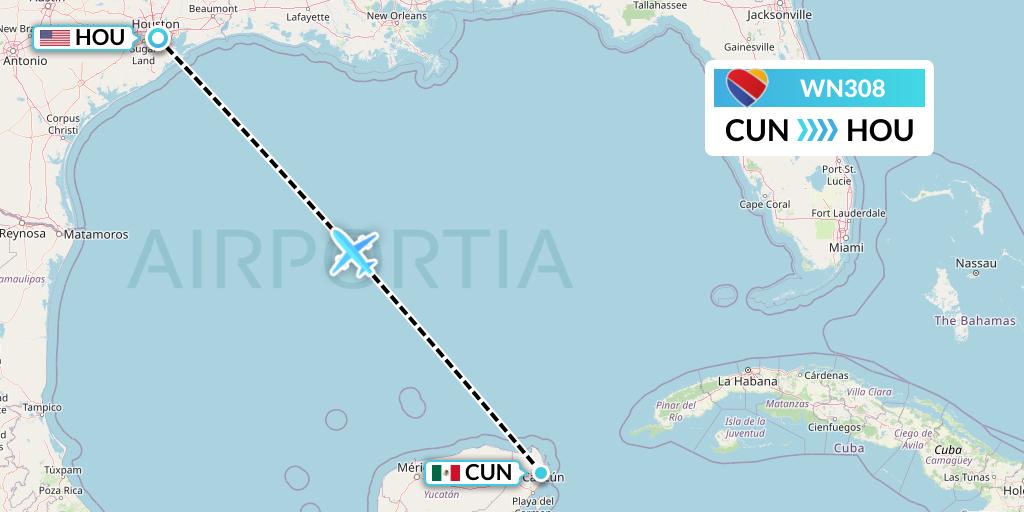 WN308 Southwest Airlines Flight Map: Cancun to Houston