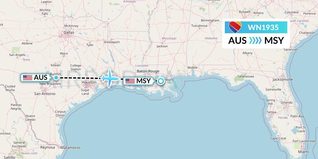 WN1935 Southwest Airlines Flight Map: Austin to New Orleans