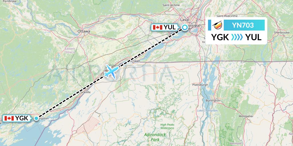 YN703 Air Creebec Flight Map: Kingston to Montreal