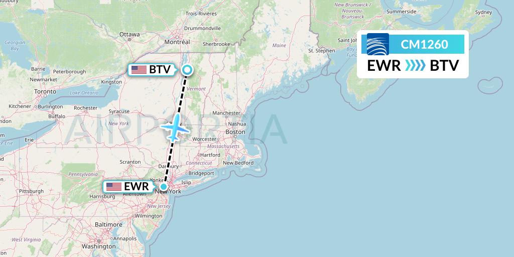 CM1260 Copa Airlines Flight Map: New York to Burlington