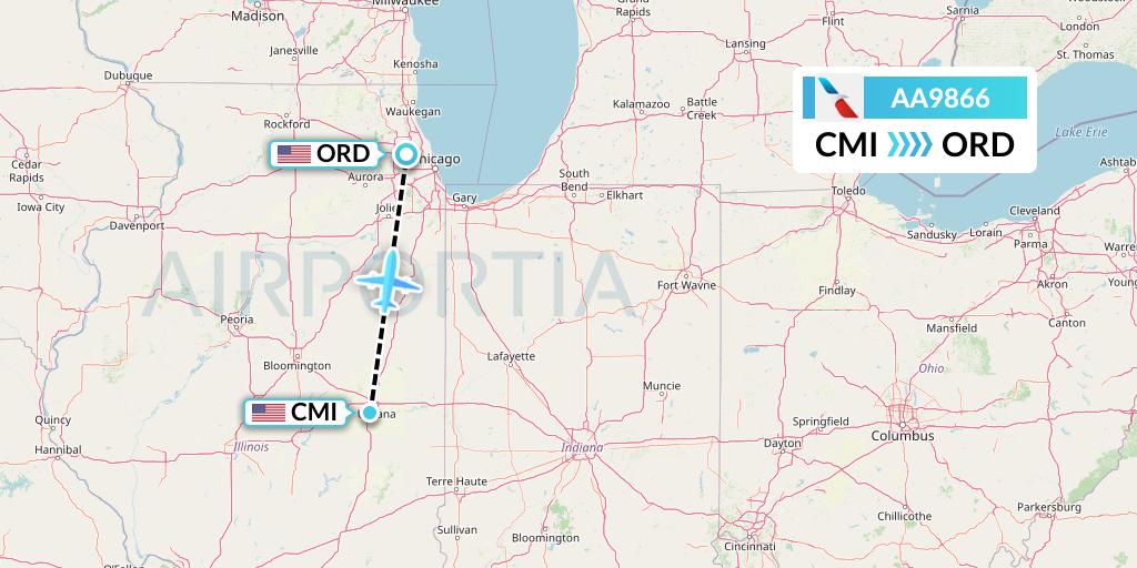 AA9866 American Airlines Flight Map: Champaign to Chicago