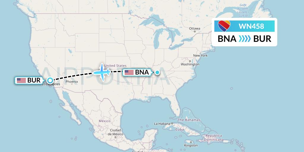 WN458 Southwest Airlines Flight Map: Nashville to Burbank