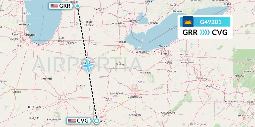 G49201 Allegiant Air Flight Map: Grand Rapids to Cincinnati