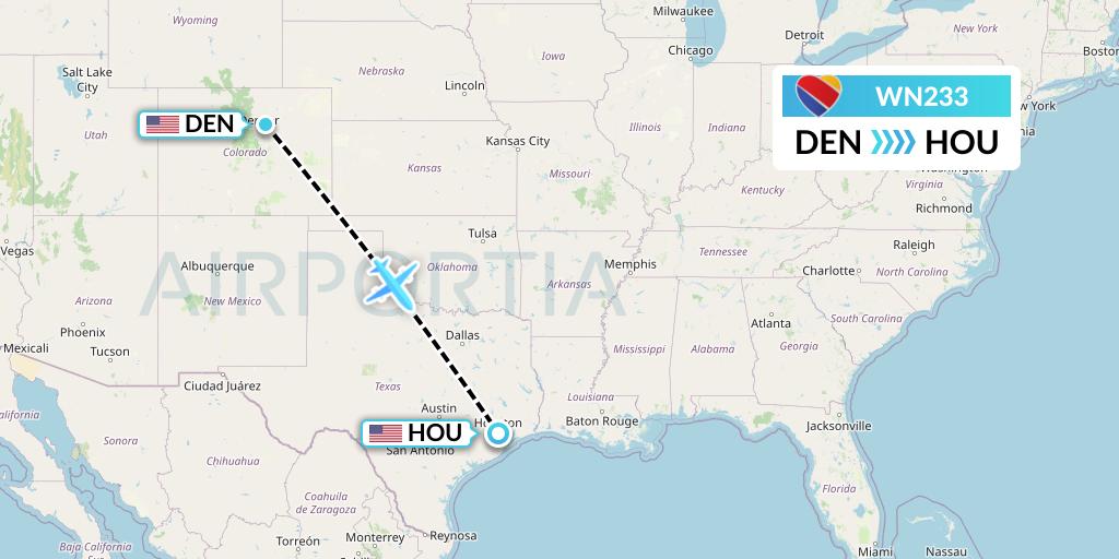 WN233 Southwest Airlines Flight Map: Denver to Houston