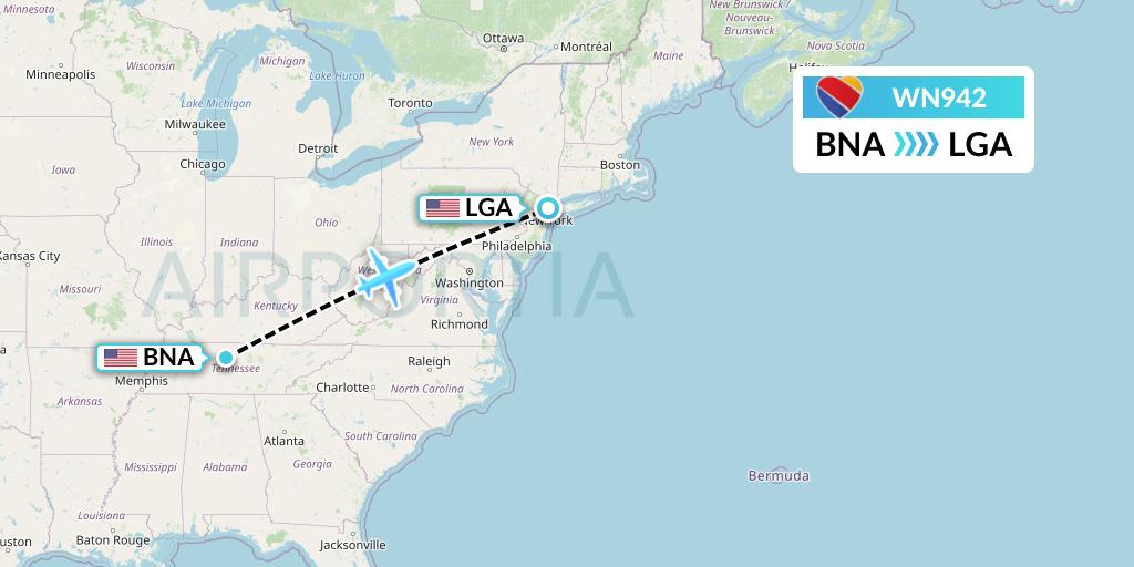 WN942 Southwest Airlines Flight Map: Nashville to New York