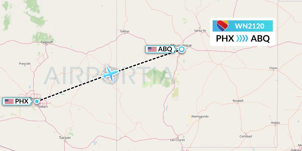 WN2120 Southwest Airlines Flight Map: Phoenix to Albuquerque