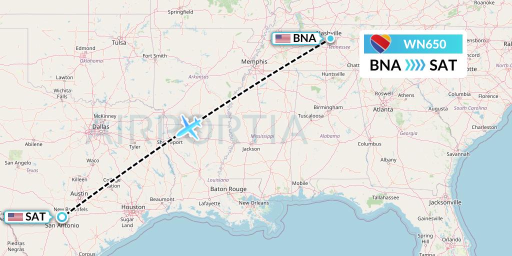 WN650 Southwest Airlines Flight Map: Nashville to San Antonio