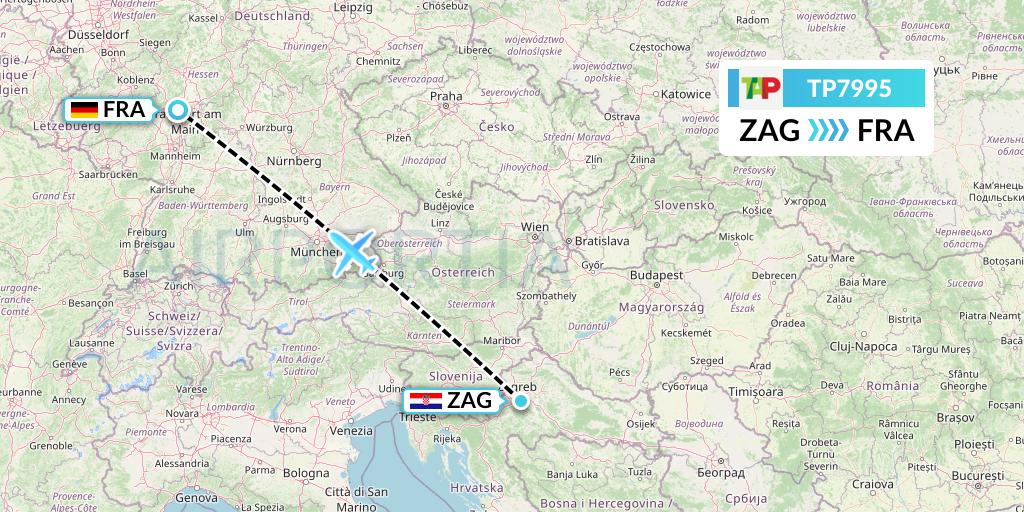 TP7995 TAP Portugal Flight Map: Zagreb to Frankfurt