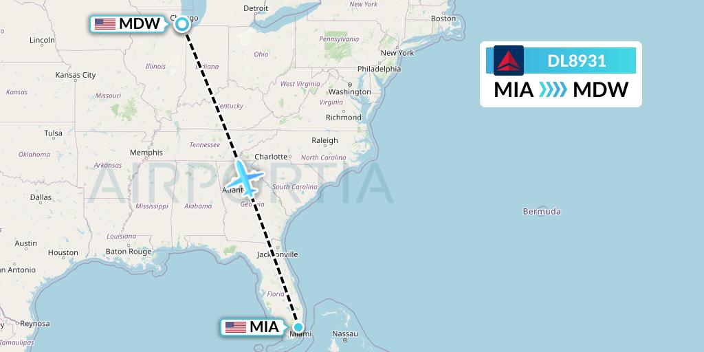 DL8931 Delta Air Lines Flight Map: Miami to Chicago