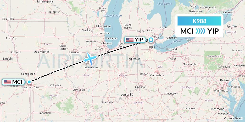 K988 Kalitta Charters Flight Map: Kansas City to Detroit