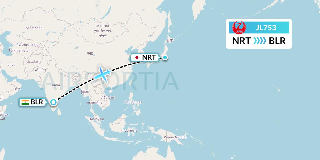 JL753 Japan Airlines Flight Map: Tokyo to Bangalore